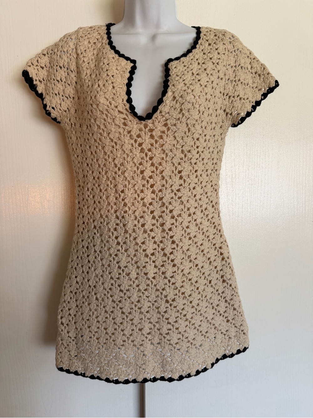 INC International Concepts Thick Heavy Crochet Knit Black Trim Tunic Top Large